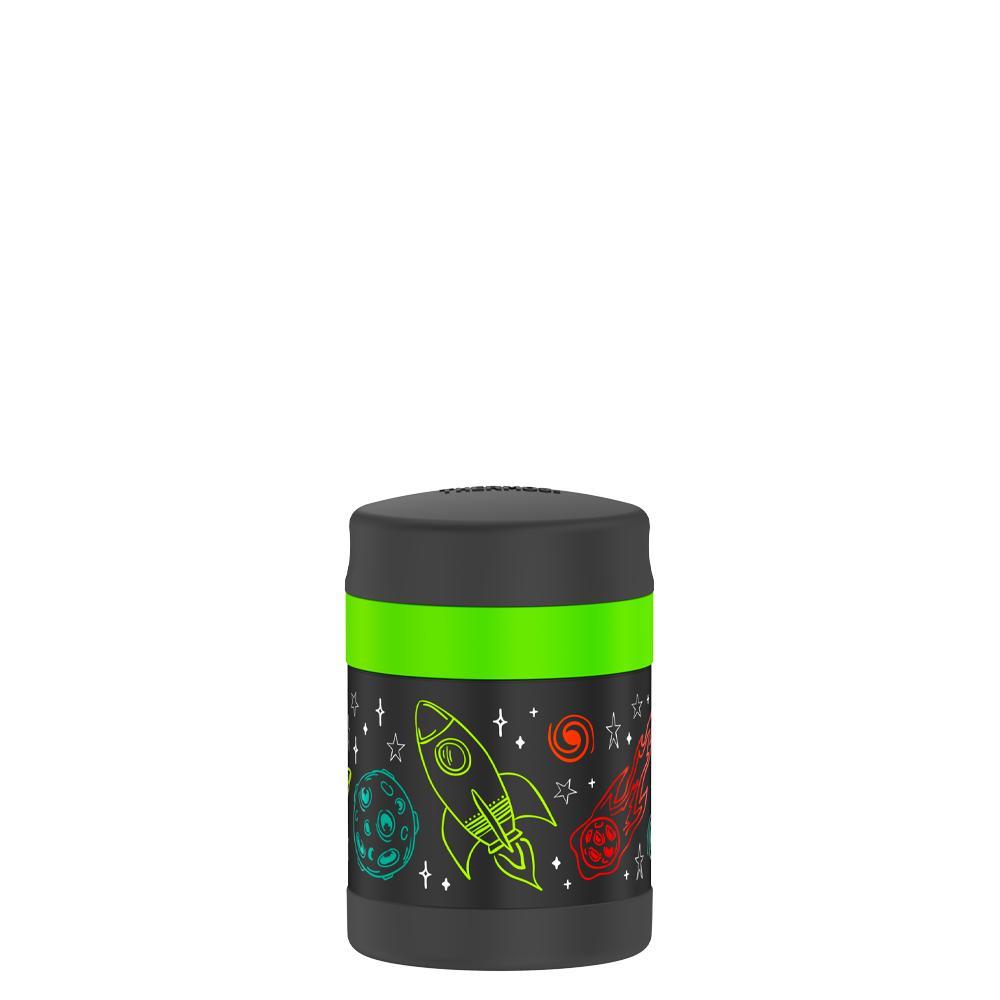 10 ounce Funtainer food jar, front view, colorful drawings of rocket ship, planets, meteors, stars on a black background.