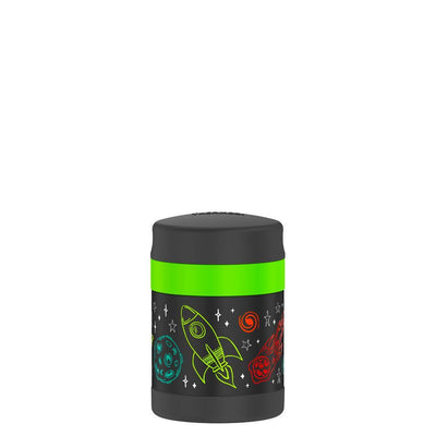 10 ounce Funtainer food jar, front view, colorful drawings of rocket ship, planets, meteors, stars on a black background.