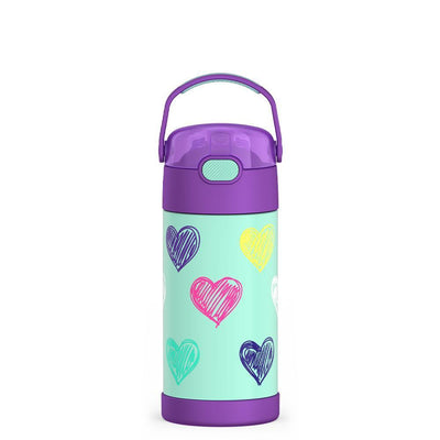 12 ounce Funtainer water bottle, colorful sketched Hearts Pattern.