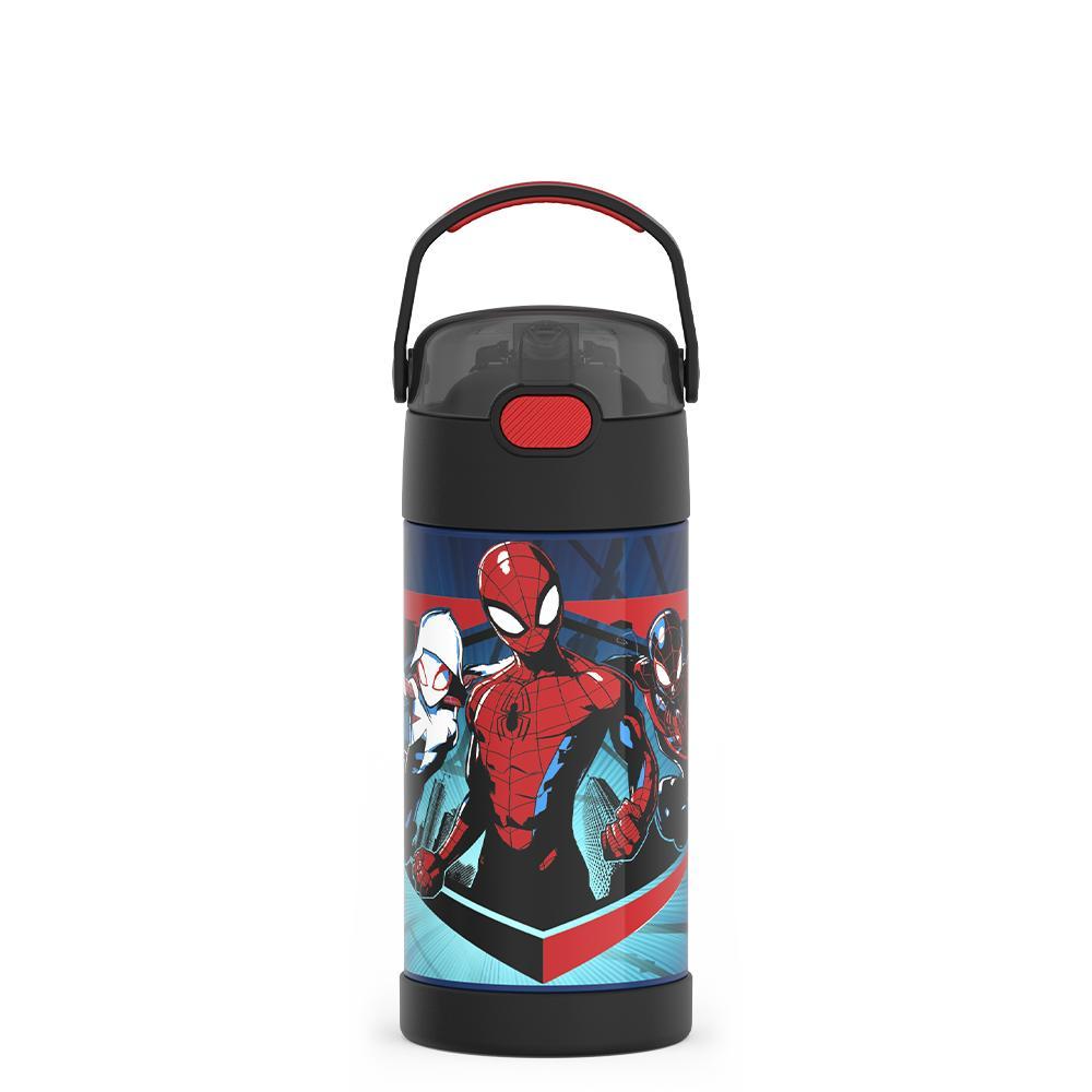 12 ounce Funtainer water bottle, Spider-Man, Black and Red.