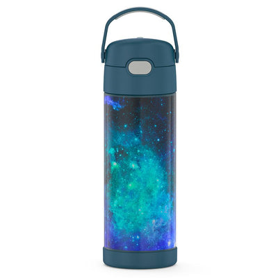  16-ounce Funtainer Stainless Steel Water Bottle with Spout, front view, Galaxy Teal.