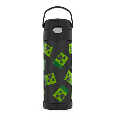  16-ounce Funtainer Stainless Steel Water Bottle with Spout, front view, Minecraft, Black.