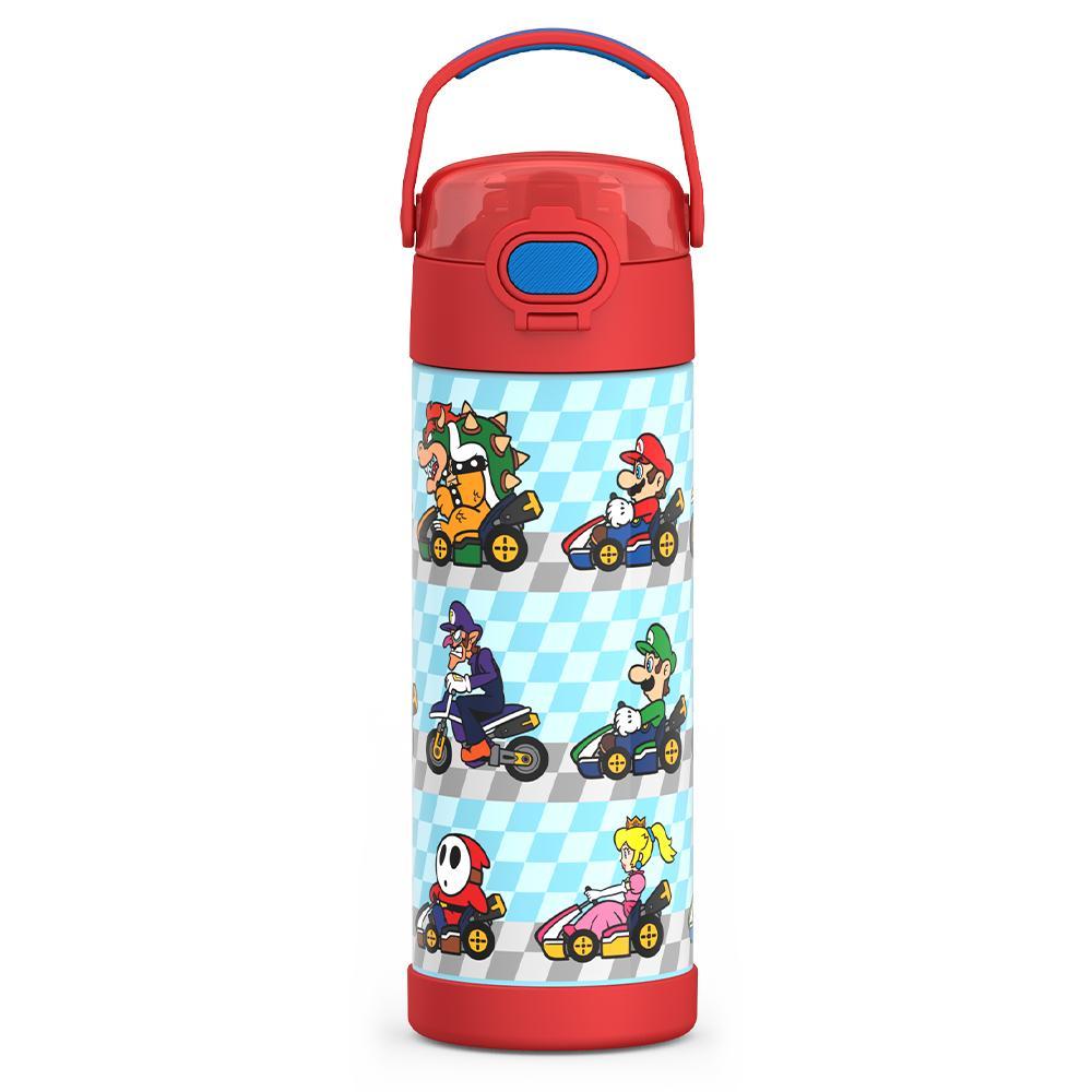  16-ounce Funtainer Stainless Steel Water Bottle with Spout and locking lid, front view, Mario Kart, Red.