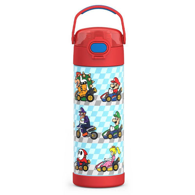  16-ounce Funtainer Stainless Steel Water Bottle with Spout and locking lid, front view, Mario Kart, Red.