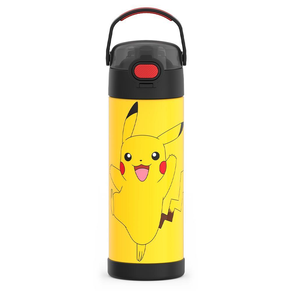  16-ounce Funtainer Stainless Steel Water Bottle with Spout and locking lid, front view, Pokémon Pikachu, Yellow and Black.