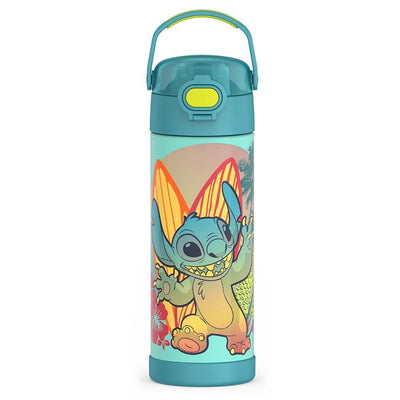  16-ounce Funtainer Stainless Steel Water Bottle with Spout and locking lid, front view, Stitch, Blue.