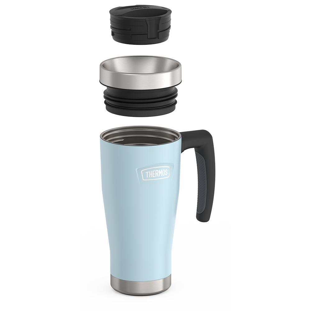 Thermos 16 ounce Stainless Steel Mug with handle, leak proof lid components disassembled, Glacier Blue.