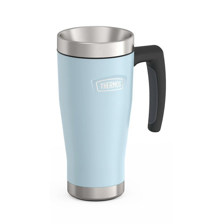 Thermos 16 ounce Stainless Steel Mug with handle, side view, Glacier Blue.