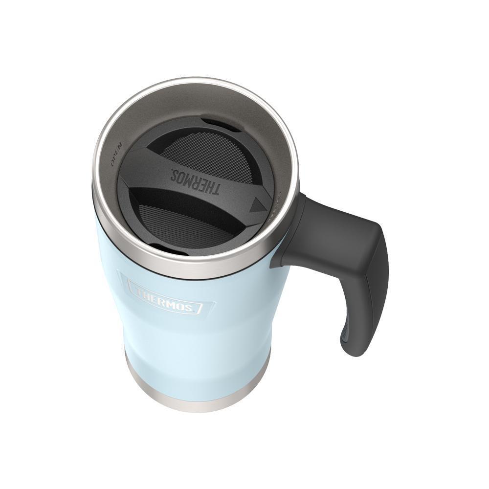 Thermos 16 ounce Stainless Steel Mug with handle, top view of twist lid with arrow pointing to closed, Glacier Blue.