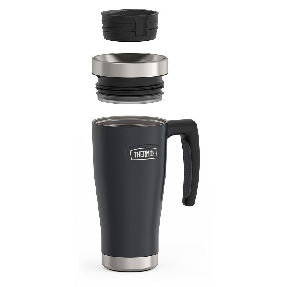 Thermos 16 ounce Stainless Steel Mug with handle, leak proof lid components disassembled, Granite Black.