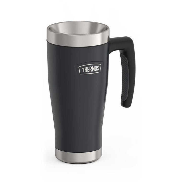 Thermos 16 ounce Stainless Steel Mug with handle, side view, Granite Black.