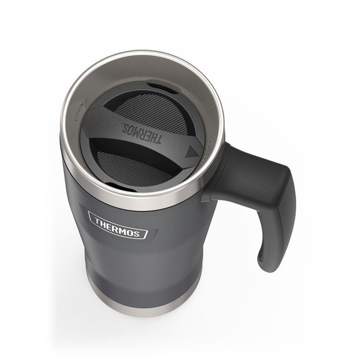 Thermos 16 ounce Stainless Steel Mug with handle, top view of twist lid with arrow pointing to closed, Granite Black.