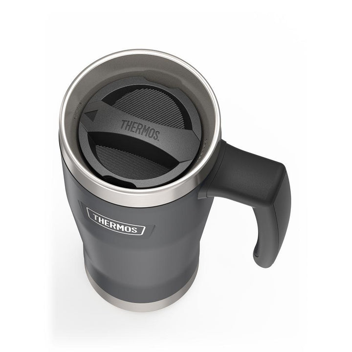 Thermos 16 ounce Stainless Steel Mug with handle, top view of twist lid on open, Granite Black.