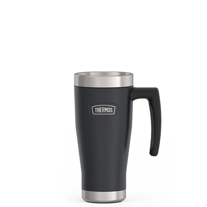 Thermos 16 ounce Stainless Steel Mug with handle, front view, Granite Black.