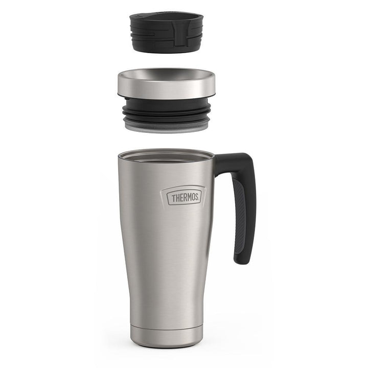 Thermos 16 ounce Stainless Steel Mug with handle, leak proof lid components disassembled, Matte Stainless Steel.