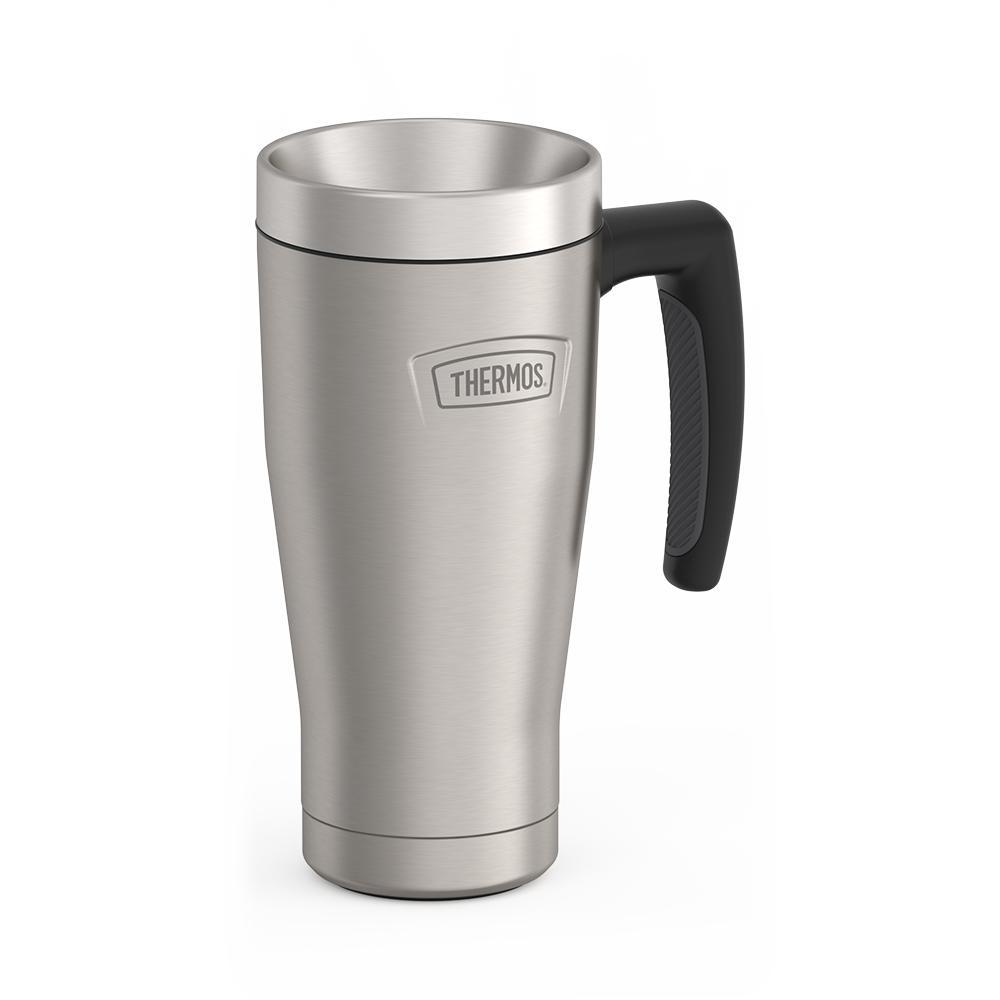 Thermos 16 ounce Stainless Steel Mug with handle, side view, Matte Stainless Steel.