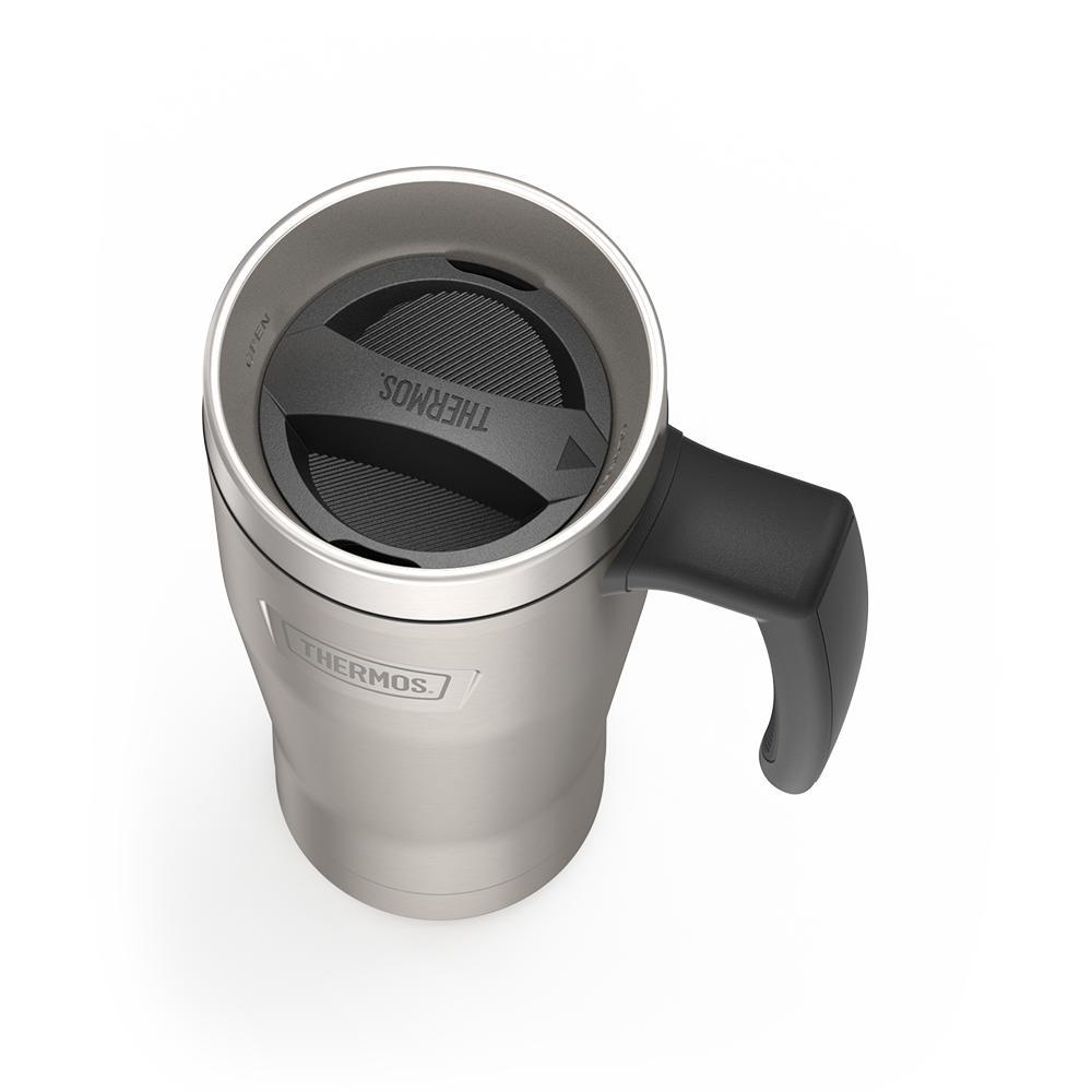 Thermos 16 ounce Stainless Steel Mug with handle, top view of twist lid with arrow pointing to closed, Matte Stainless Steel.