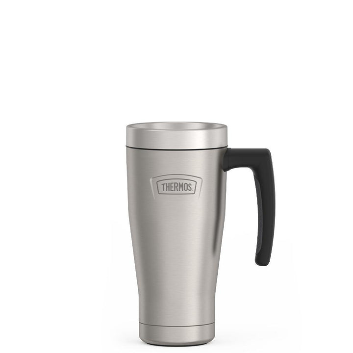 Thermos 16 ounce Stainless Steel Mug with handle, front view, Matte Stainless Steel.