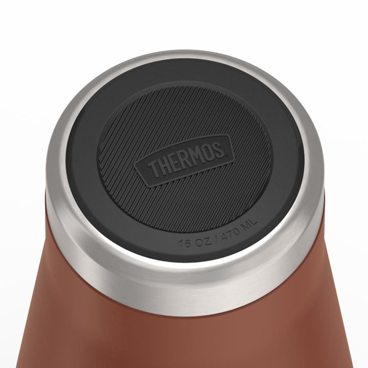 Thermos 16 ounce Stainless Steel Mug with handle, base view of non-slip base, Saddle Brown.