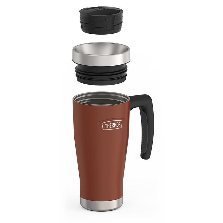 Thermos 16 ounce Stainless Steel Mug with handle, leak proof lid components disassembled, Saddle Brown.