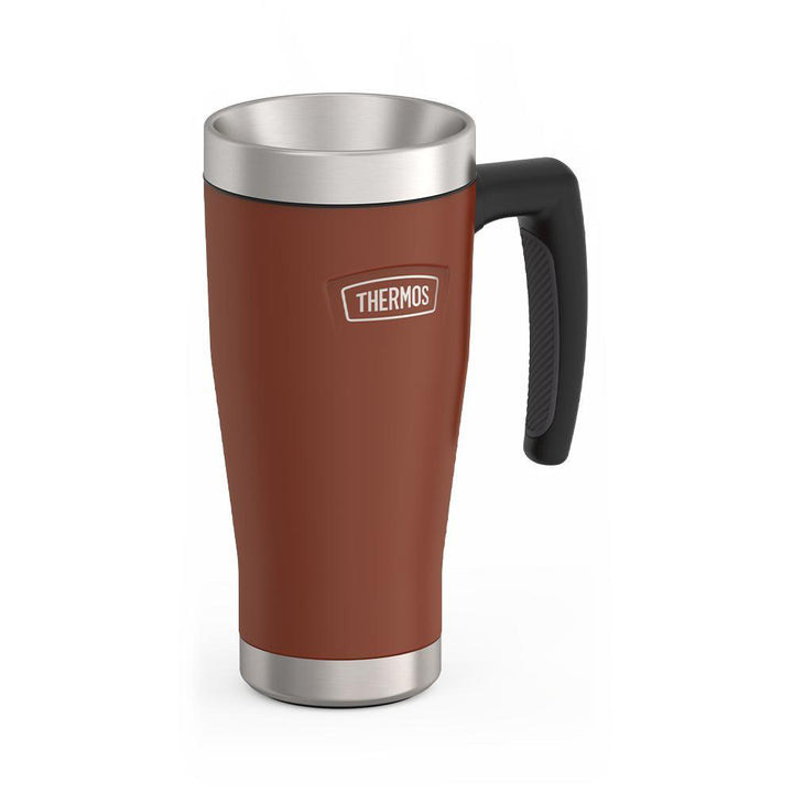 Thermos 16 ounce Stainless Steel Mug with handle, side view, Saddle Brown.