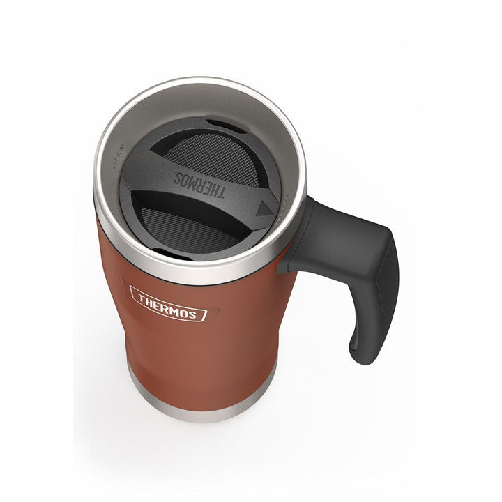 Thermos 16 ounce Stainless Steel Mug with handle, top view of twist lid with arrow pointing to closed, Saddle Brown.