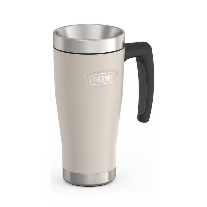 Thermos 16 ounce Stainless Steel Mug with handle, side view, Sandstone Beige.