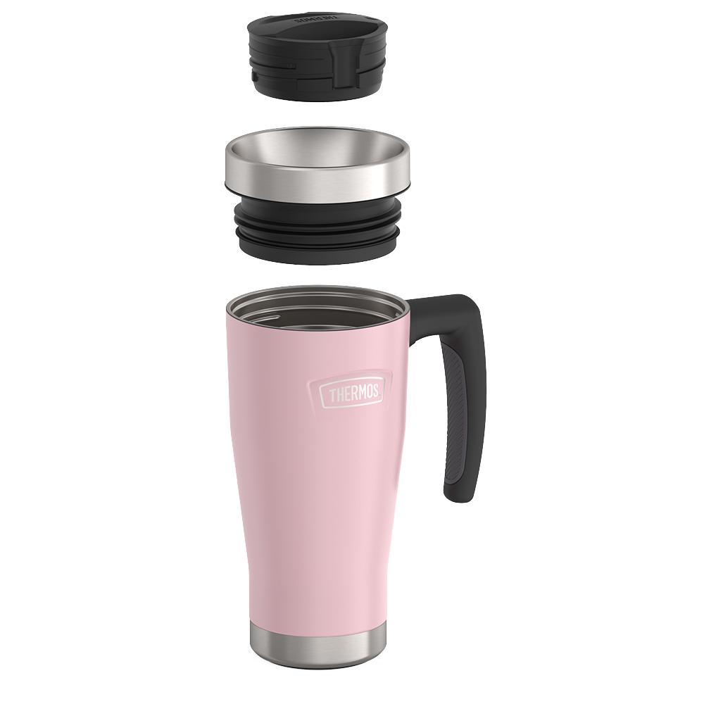 Thermos 16 ounce Stainless Steel Mug with handle, leak proof lid components disassembled, Sunset Pink.