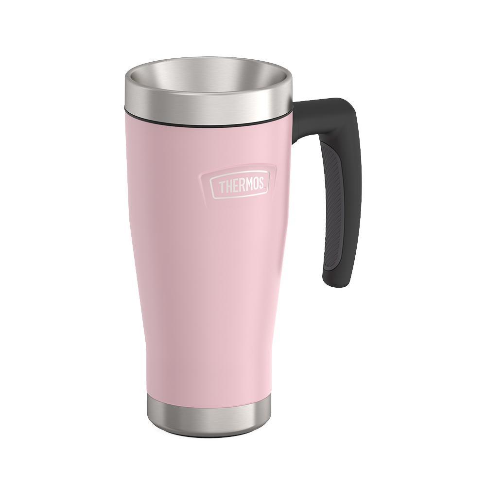 Thermos 16 ounce Stainless Steel Mug with handle, side view, Sunset Pink.