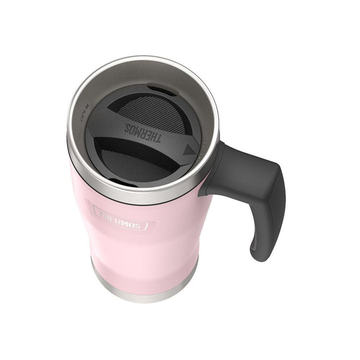 Thermos 16 ounce Stainless Steel Mug with handle, top view of twist lid on closed, Sunset Pink.