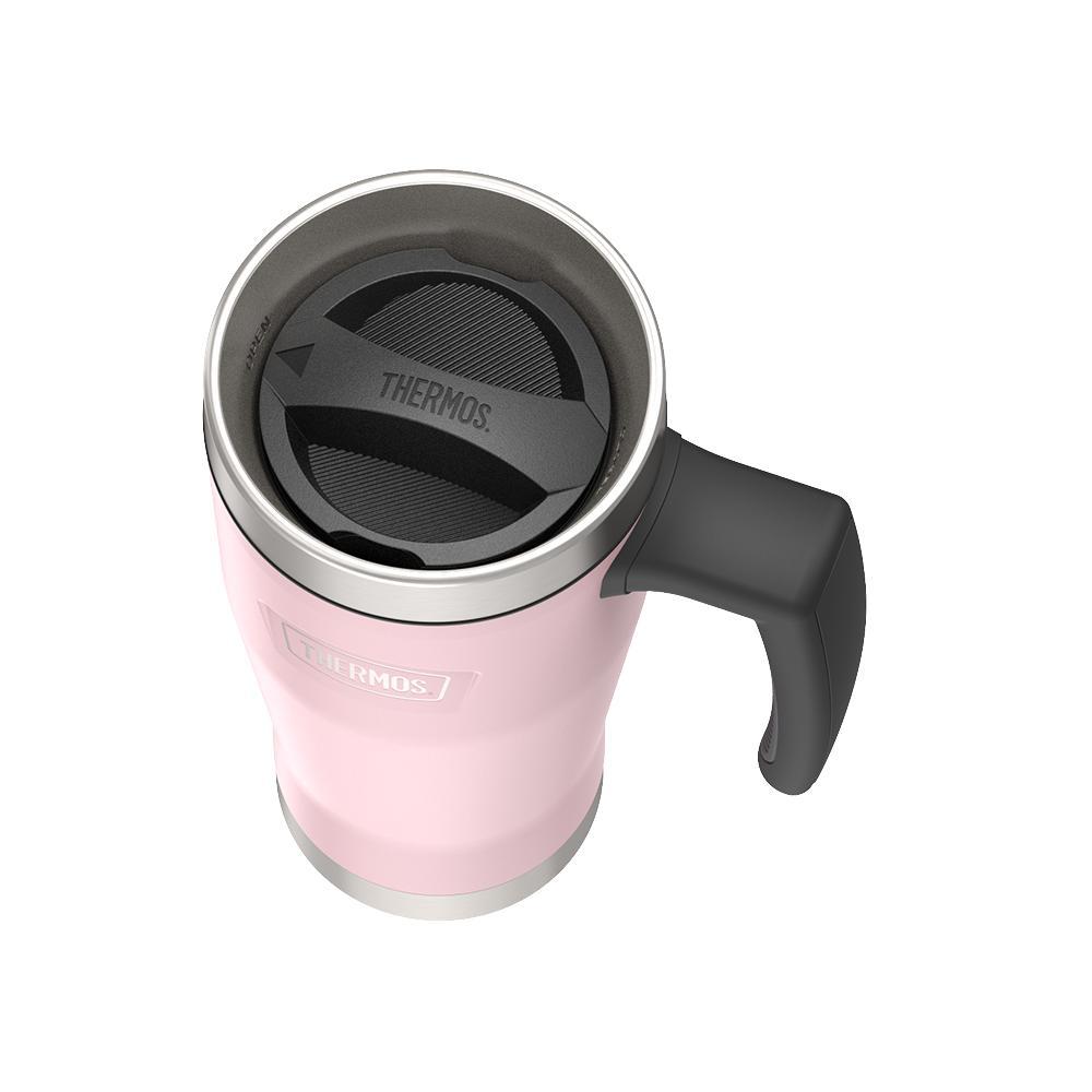 Thermos 16 ounce Stainless Steel Mug with handle, top view of twist lid on open, Sunset Pink.