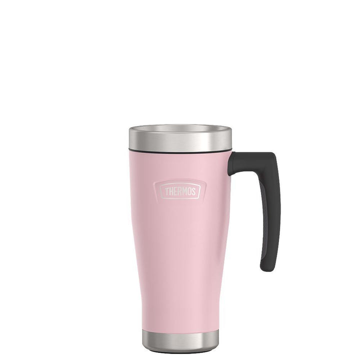 Thermos 16 ounce Stainless Steel Mug with handle, front view, Sunset Pink.