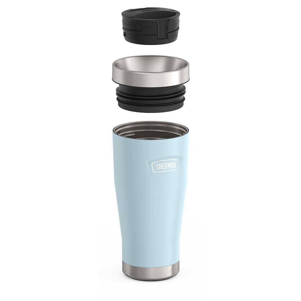 Thermos 16 ounce Stainless Steel Tumbler with twist lock lid, leak proof lid, components disassembled, Glacier Blue.