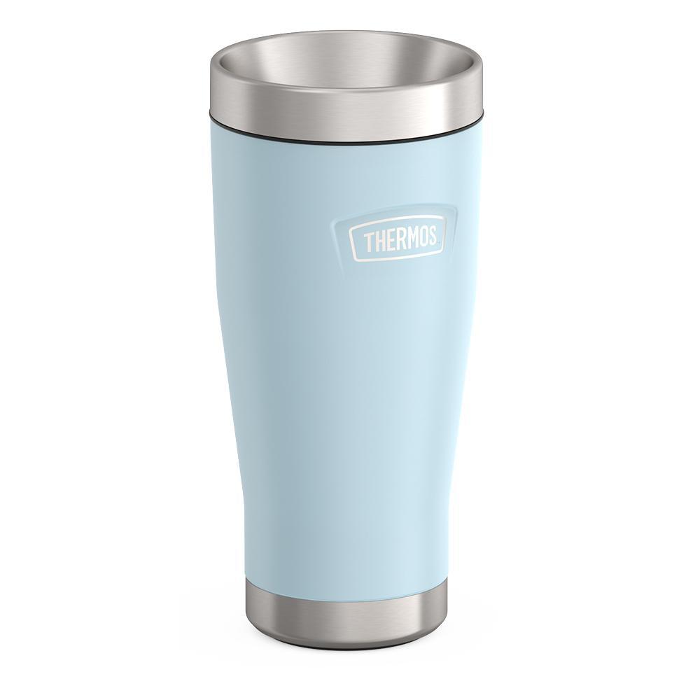 Thermos 16 ounce Stainless Steel Tumbler with twist lock lid, side view, Glacier Blue.