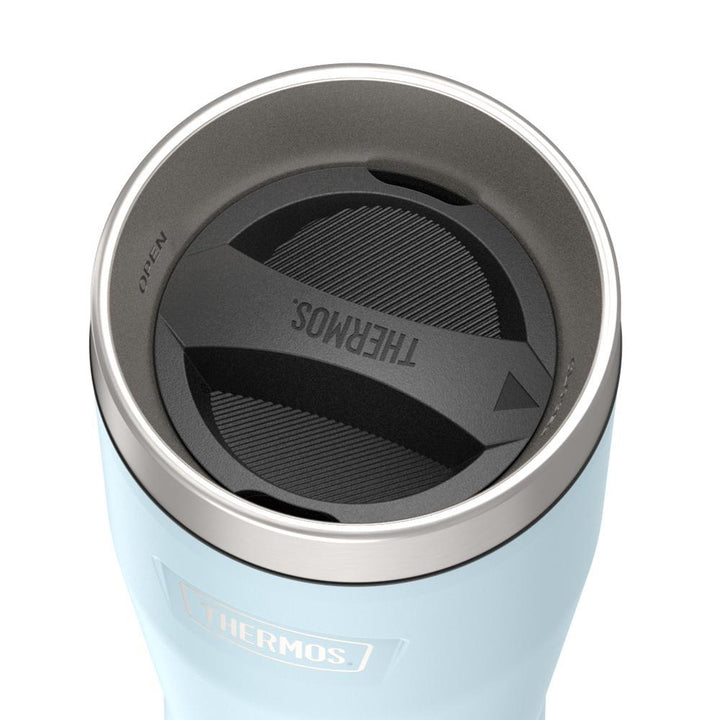 Thermos 16 ounce Stainless Steel Tumbler with twist lock lid, top view of twist lid, with arrow pointing to closed, Glacier Blue.