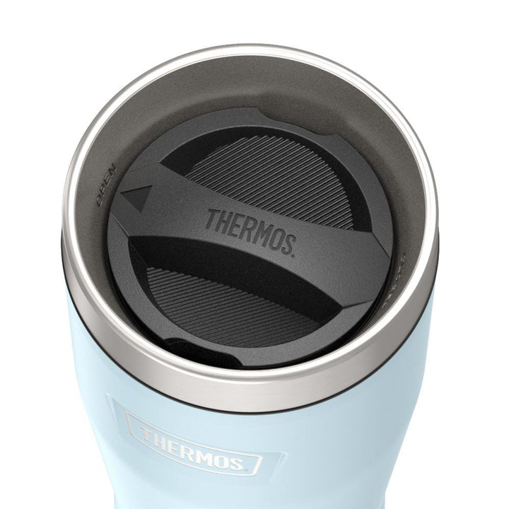 Thermos 16 ounce Stainless Steel Tumbler with twist lock lid, top view of twist lid, with arrow pointing to open, Glacier Blue.