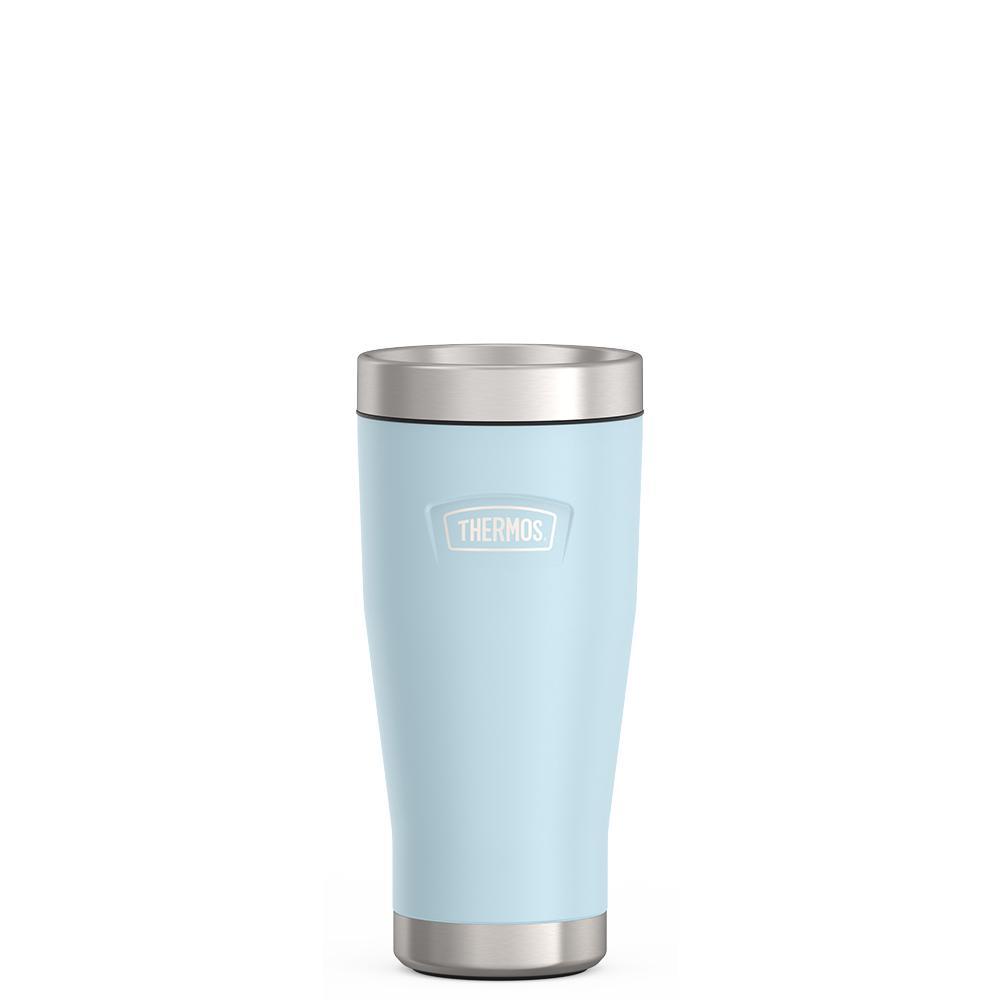 Thermos 16 ounce Stainless Steel Tumbler with twist lock lid, front view, Glacier Blue.