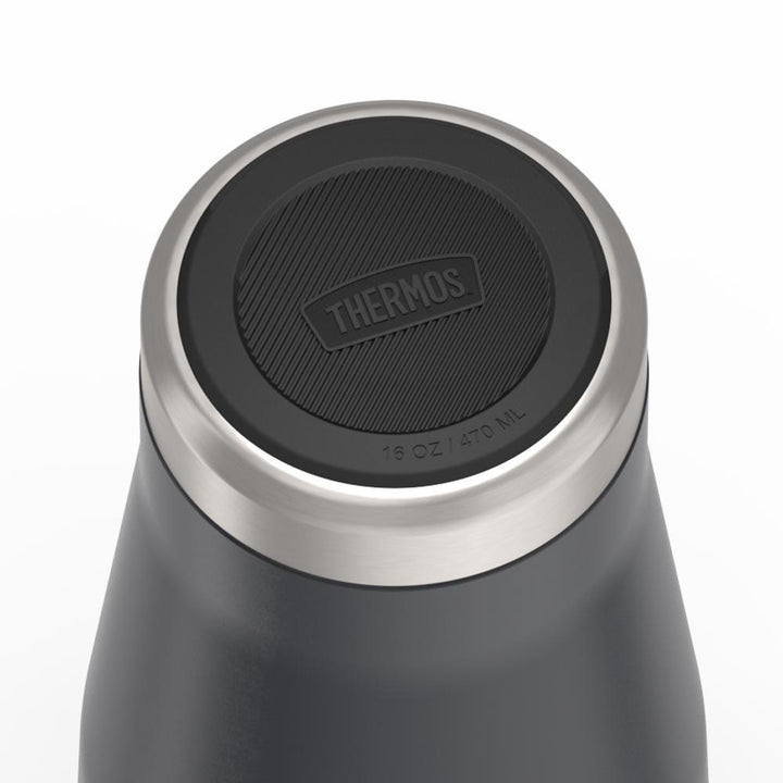 Thermos 16 ounce Stainless Steel Tumbler with twist lock lid, base view of non-slip base, Granite Black.