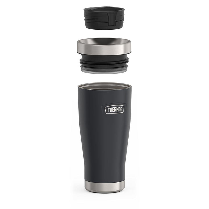 Thermos 16 ounce Stainless Steel Tumbler with twist lock lid, leak proof lid, components disassembled, Granite Black.