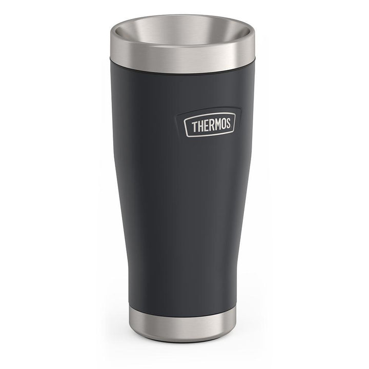 Thermos 16 ounce Stainless Steel Tumbler with twist lock lid, side view, Granite Black.