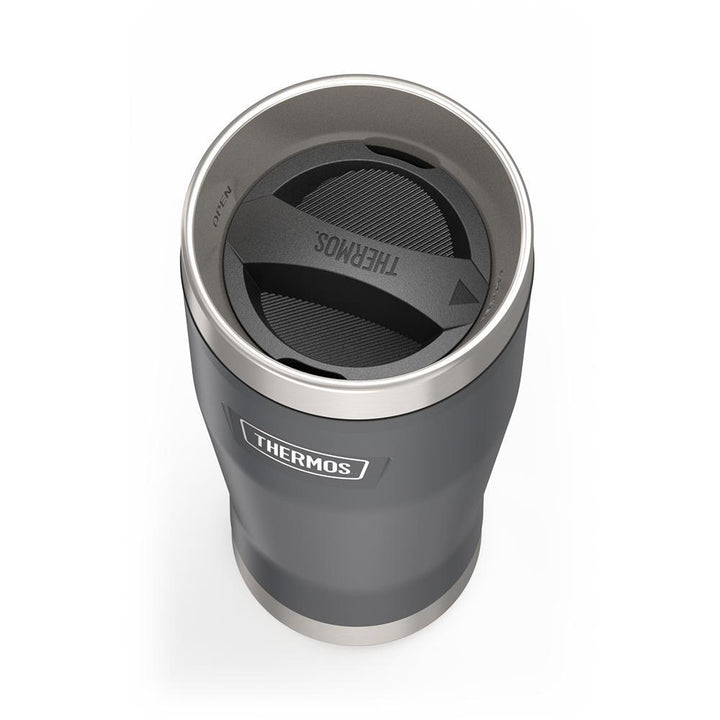 Thermos 16 ounce Stainless Steel Tumbler with twist lock lid, top view of twist lid, with arrow pointing to closed, Granite Black.