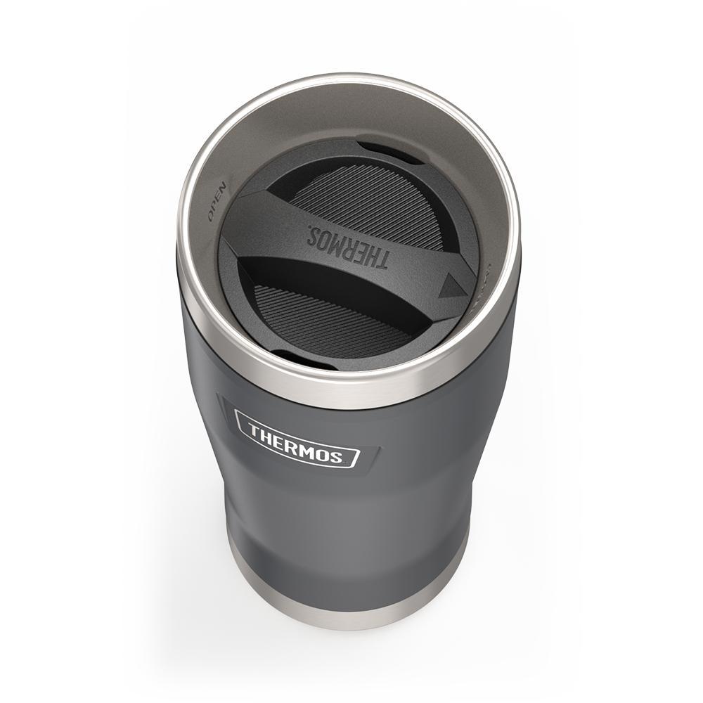 Thermos 16 ounce Stainless Steel Tumbler with twist lock lid, top view of twist lid, with arrow pointing to closed, Granite Black.