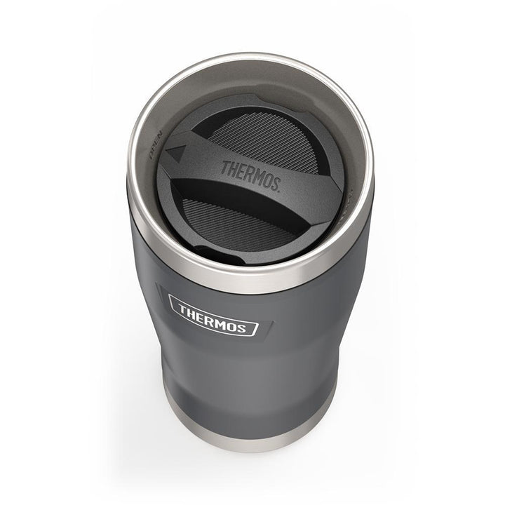 Thermos 16 ounce Stainless Steel Tumbler with twist lock lid, top view of twist lid, with arrow pointing to open, Granite Black.