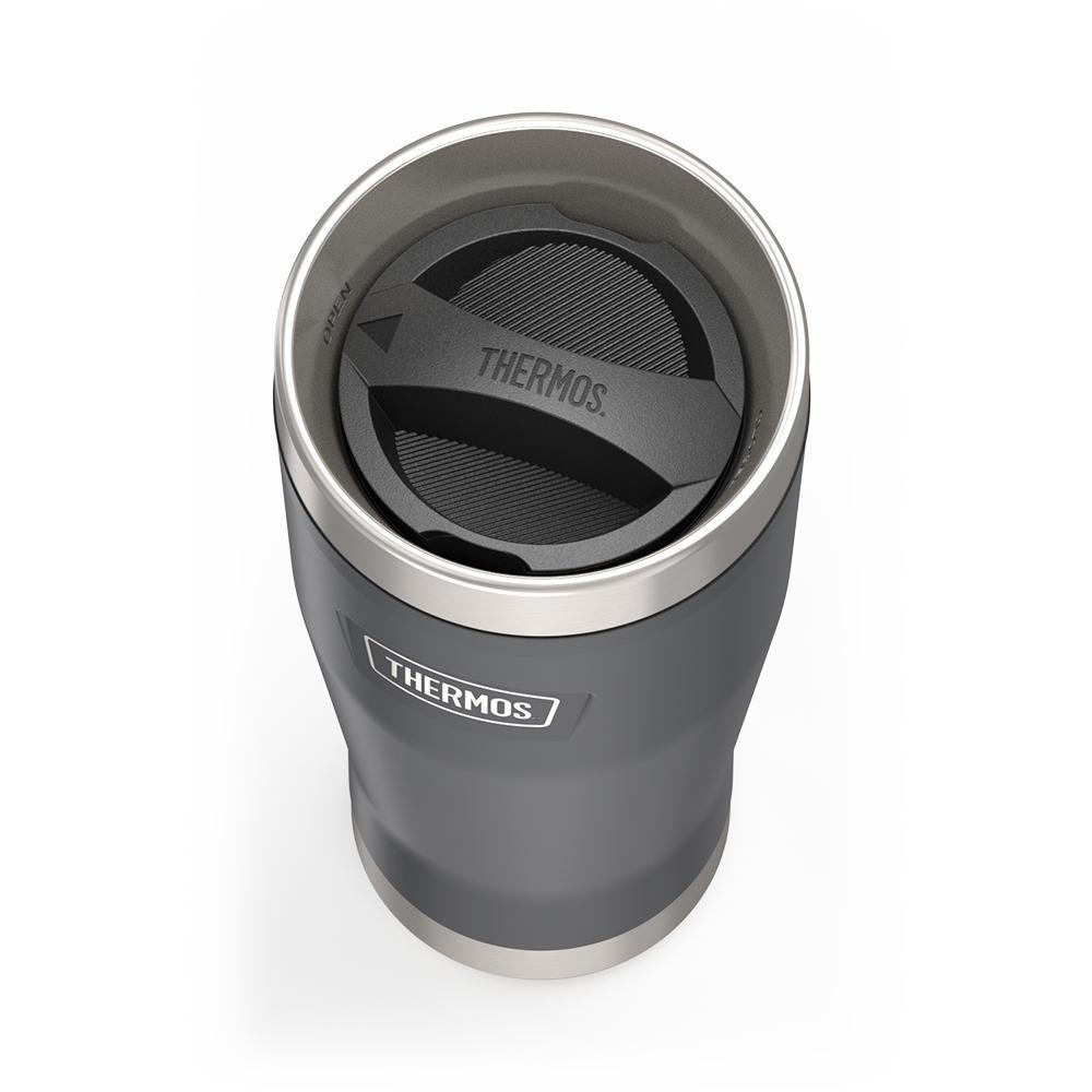 Thermos 16 ounce Stainless Steel Tumbler with twist lock lid, top view of twist lid, with arrow pointing to open, Granite Black.