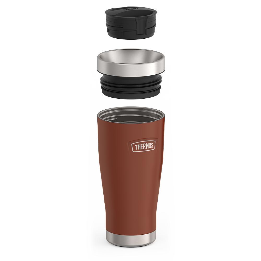 Thermos 16 ounce Stainless Steel Tumbler with twist lock lid, leak proof lid, components disassembled, Saddle Brown.