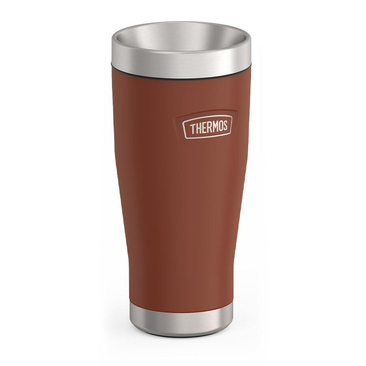 Thermos 16 ounce Stainless Steel Tumbler with twist lock lid, front view, Saddle Brown.