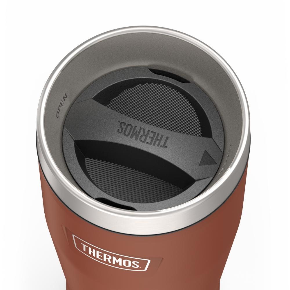 Thermos 16 ounce Stainless Steel Tumbler with twist lock lid, top view of twist lid, with arrow pointing to closed, Saddle Brown.