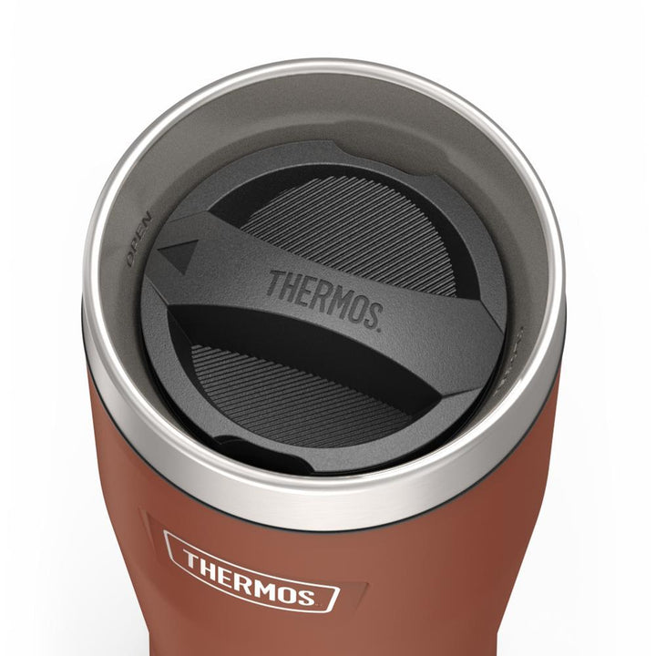 Thermos 16 ounce Stainless Steel Tumbler with twist lock lid, top view of twist lid, with arrow pointing to open, Saddle Brown.