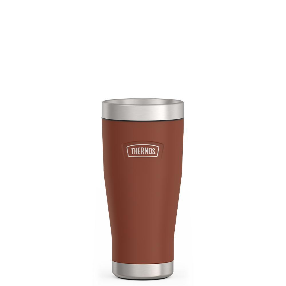 Thermos 16 ounce Stainless Steel Tumbler with twist lock lid, front view, Saddle Brown.