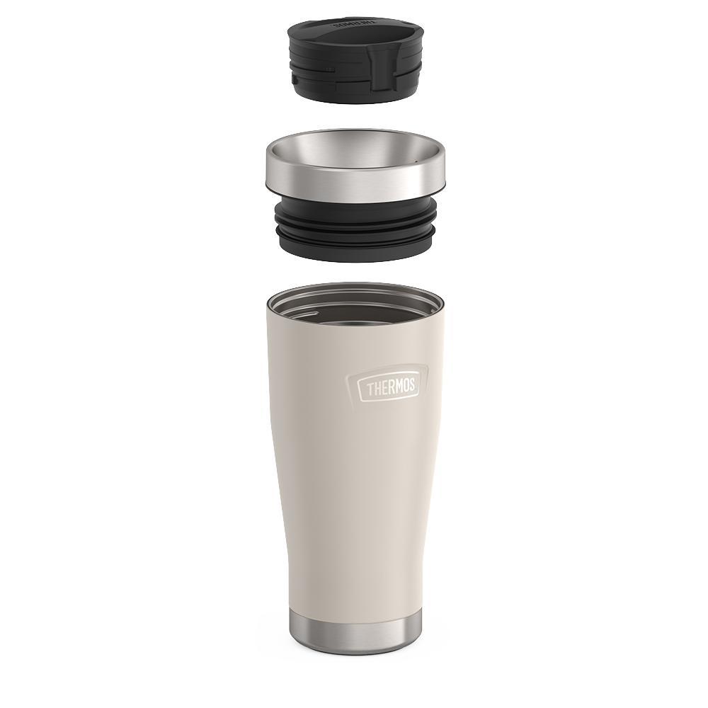 Thermos 16 ounce Stainless Steel Tumbler with twist lock lid, leak proof lid, components disassembled, Sandstone Beige.